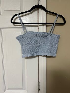 Cider Light Blue Smocked Ruffle Crop Top